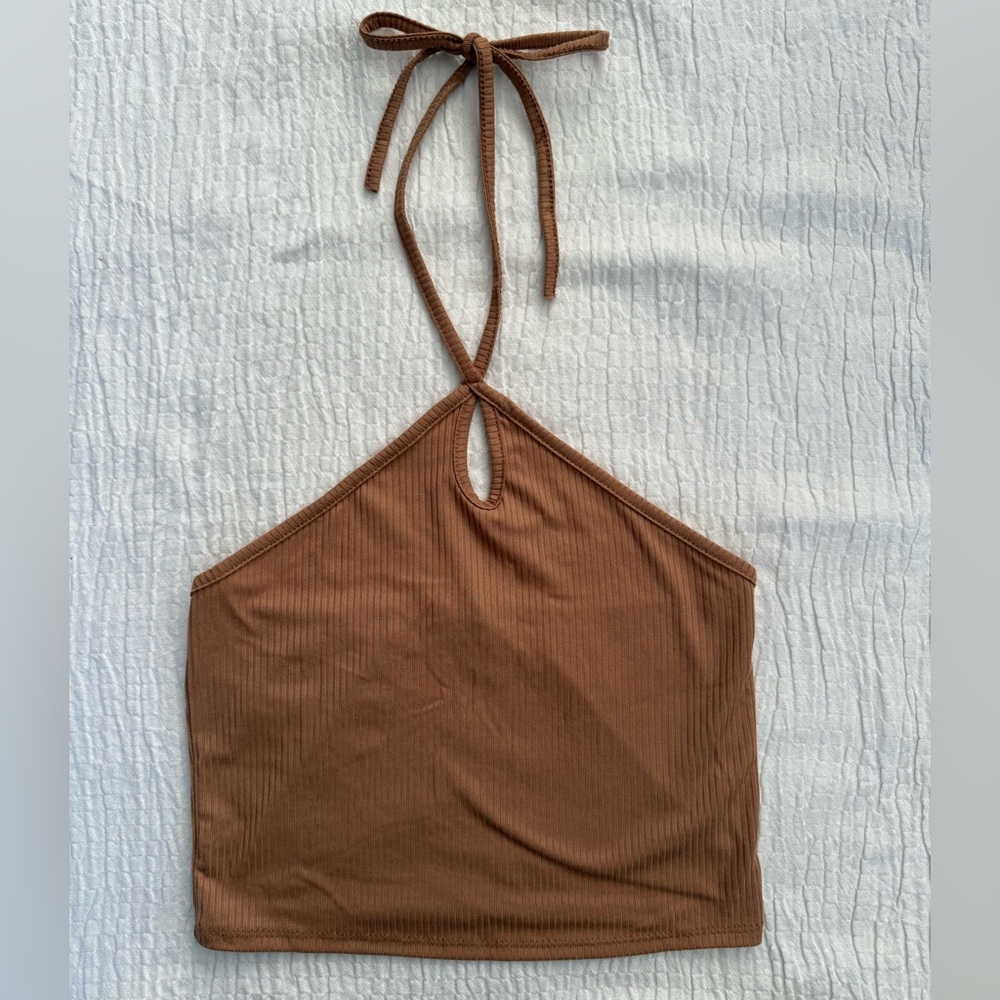 Gaze Brown Ribbed Halter Top